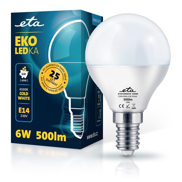 Żarówka LED ETA EKO LEDka mini globe 6W, E14, studená bílá