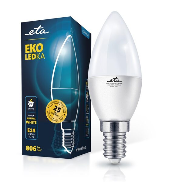 žárovka LED ETA EKO LEDka svíčka 8W, E14, neutrální bílá