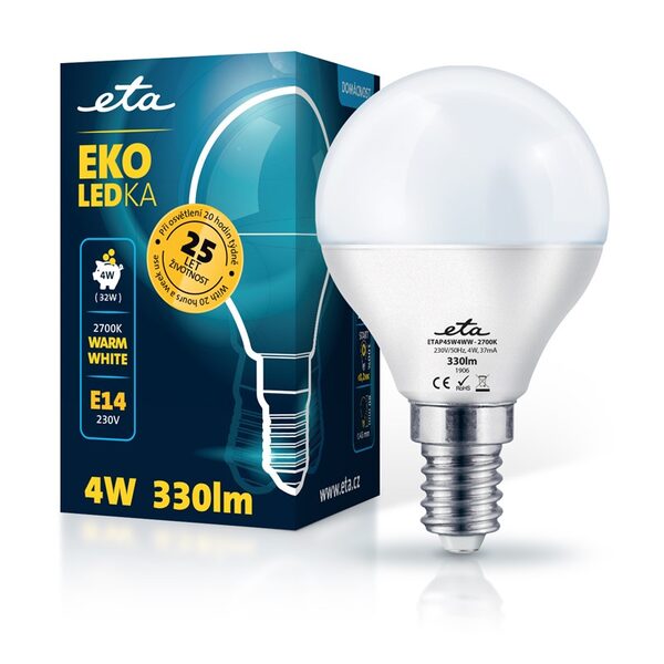 Żarówka LED ETA EKO LEDka mini globe 4W, E14, biała ciepła