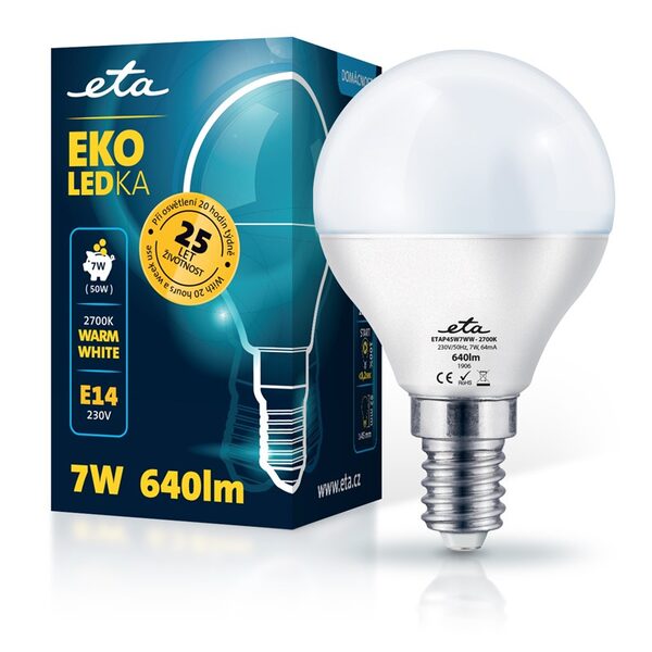 Żarówka LED ETA EKO LEDka mini globe 7W, E14, biała ciepła